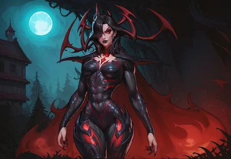 safe_pos, safe_pos, masterpiece, best quality, solo, 1girl, 40 year old woman , beautiful face, realistic face , hela_rivals ,Hela, ultimate skin, bodysuit, armor, red eyes, cape, flaming cape, red cape, red details, black bodysuit, full body, claws, shoulder armor, ,long hair, black hair, bodysuit, bodysuit, bare shoulders, hair over one eye, muscular body, muscular arms, muscular legs, well defined abs , black lipstick, black hair, Seductive,, looking at viewer, seductive cocky smirk, full body visible, sharp fingernails, red latex socks,
in a red sky tundra, night time, full moon, dead trees, Raven in the sky,
cr0mb, Expressiveh,