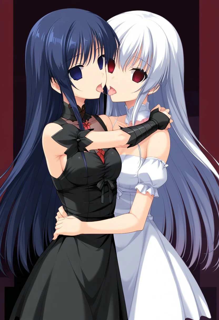 anime, empty eyes, hypnotized, blank stare, expressionless, two girls, adult, close up, long hair, dress, hugging, hug from behind, licking neck, saliva string, arched back, glowing eyes, eye highlight, darkness, dark room, dim, no light