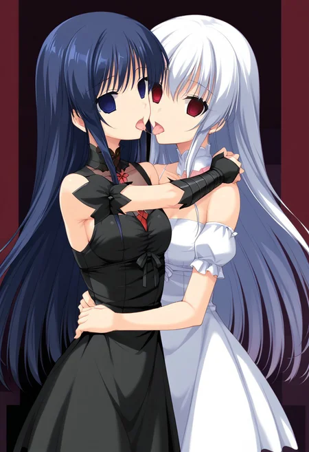 anime, empty eyes, hypnotized, blank stare, expressionless, two girls, adult, close up, long hair, dress, hugging, hug from behind, licking neck, saliva string, arched back, glowing eyes, eye highlight, darkness, dark room, dim, no light