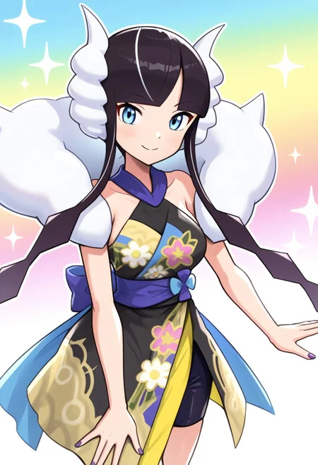 hinosaki, [[[pokemoa, gonzarez]]], 2d, masterpiece, best quality, amazing quality, 1girl, solo, close-up, standing, smile, upper body, leaning_forward, looking at viewer, multicolored background, sparkle, gradient background, colorful background, color splashes, ssaelesa, blue eyes, long hair, black hair, multicolored hair, sidelocks, headphones, fur collar, halter dress, sleeveless, bare shoulders, black shorts, japanese clothes, blue sash, purple nails