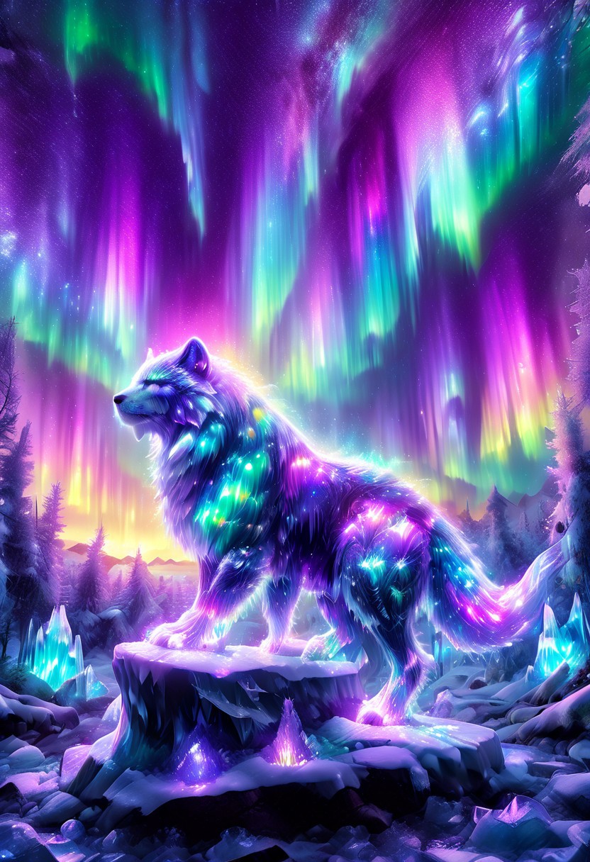 lazympos, morph-aurora, A platinum-tier animal sitting in  an aurora-lit crystal forest, prismatic light shards refract through ice formations, glowing celestial patterns dance across its obsidian collar, hyper-detailed fur texture with rainbow iridescence, 8k resolution.