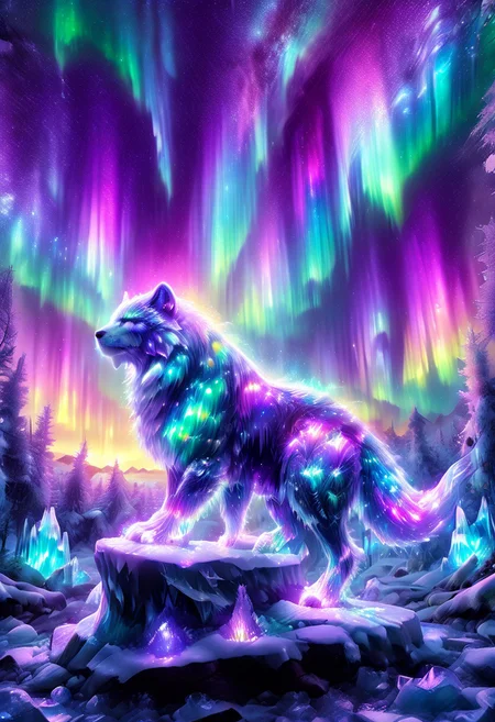 lazympos, morph-aurora, A platinum-tier animal sitting in an aurora-lit crystal forest, prismatic light shards refract through ice formations, glowing celestial patterns dance across its obsidian collar, hyper-detailed fur texture with rainbow iridescence, 8k resolution.