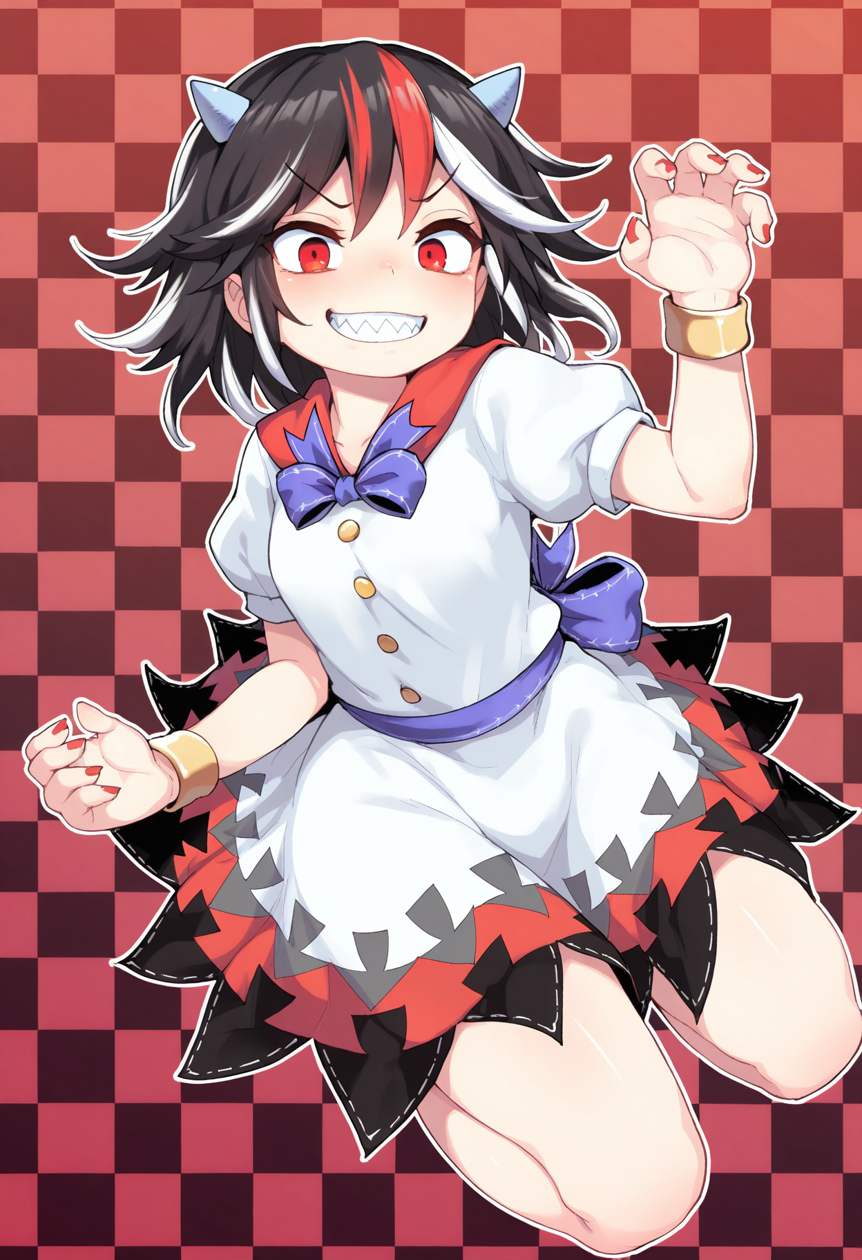 masterpiece,best quality,amazing quality,
kijin seija, 1girl, solo, multicolored hair, horns, smile, red eyes, grin, black hair, bracelet, streaked hair, red hair, dress, checkered background, white hair, jewelry, short hair, sharp teeth, kneeling,
<lora:Henrybird:1>