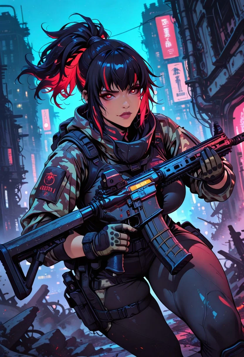 <lora:ck-nc-cyberpunk-IL-000011:0.4>, masterpiece, best quality, good quality, very aesthetic, absurdres, newest, 8K, depth of field, focused subject,
dynamic angle, action shot, 1girl, western girl, latina girl, tan skin, sexy face, looking at viewer, fierce look, (camouflage glowing hair:1.2), black hair, red highlights in hair, ((ponytail hair)), curvy body, large breasts, tight tactical leggings, cross_draw, AR15 rifle, assault rifle, rifle_draw, one_hand_on_trigger, trigger discipline, arid environment, city, ruins, nightvision, at night,