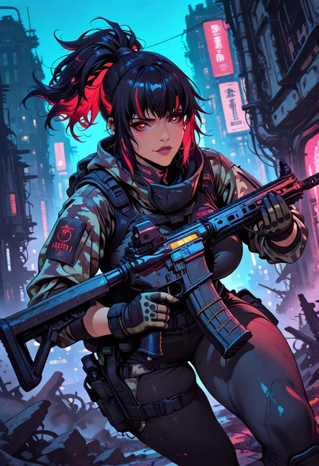 <lora:ck-nc-cyberpunk-IL-000011:0.4>, masterpiece, best quality, good quality, very aesthetic, absurdres, newest, 8K, depth of field, focused subject,
dynamic angle, action shot, 1girl, western girl, latina girl, tan skin, sexy face, looking at viewer, fierce look, (camouflage glowing hair:1.2), black hair, red highlights in hair, ((ponytail hair)), curvy body, large breasts, tight tactical leggings, cross_draw, AR15 rifle, assault rifle, rifle_draw, one_hand_on_trigger, trigger discipline, arid environment, city, ruins, nightvision, at night,