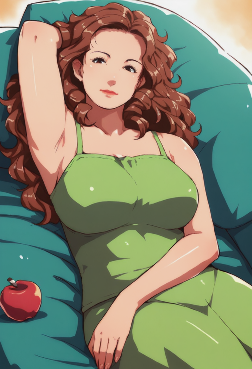 score_9, score_8_up, score_7_up, 1girl, large_breasts, mature_female, portrait, solo, looking_at_viewer, open_eyes, Lounging with one hand behind the head, dutch_angle, (Apple green Thobe), wavy hair, layered hair, Brown hair, minaret, cropped_arms, rating_safe, <lora:pony\artist_styles\ganto_pony:1.0>
