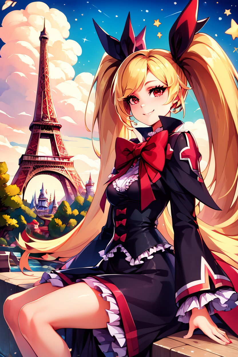 score_9, score_8_up, score_8, medium breasts, (curvy), cute, eyelashes,       ,,, , ,,,  zzRachel, long hair, blonde hair, red eyes, twintails, very long hair, bow, ribbon, hair ribbon, red bow, black dress, frills, <lora:RachelAlucard_PDXL:1.0>, ,,,, BREAK, zzEiffelTower in background, sitting, watercraft, boat, sitting on wall, side view, looking at viewer, smile, ,,, BREAK, blooming stars, luminescent petals, otherworldly fragrance blurry background, ,,, embedding:zPDXL, Expressiveh, ,,, <lora:EiffelTowerPDXL:0.8>, <lora:CatalystStylePDXL:0.6>, <lora:SDXLFaeTastic2400:0.5>, <lora:Expressive_H-000001:0.4>,