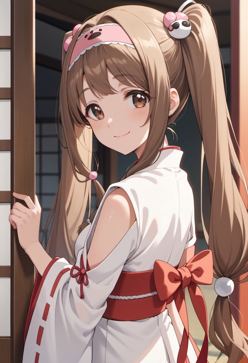 score_9, score_8_up, score_7_up, source_anime, hayase kinue, long hair, brown hair, brown eyes, 1girl. solo, japanese clothes, miko, smile, twintails, looking at viewer, hair ornament, ribbon trim, ribbon-trimmed sleeves, hairband