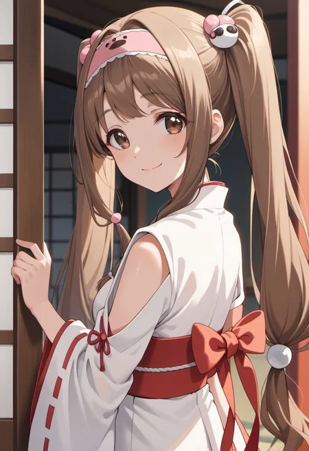 score_9, score_8_up, score_7_up, source_anime, hayase kinue, long hair, brown hair, brown eyes, 1girl. solo, japanese clothes, miko, smile, twintails, looking at viewer, hair ornament, ribbon trim, ribbon-trimmed sleeves, hairband