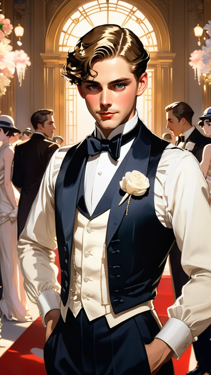 Create an 8K anime illustration, fusing John Singer Sargent's artistry with anime style. Focus on a Gatsby-like man, capturing Sargent's emotional depth and anime's vibrancy. His attire should blend Roaring Twenties elegance with anime flair. The background, a lavish Gatsby-esque scene, should merge Sargent's detail-oriented realism with anime's dynamic exaggeration. Ensure every detail, from expression to setting, weaves a story that's both classically nostalgic and uniquely modern.