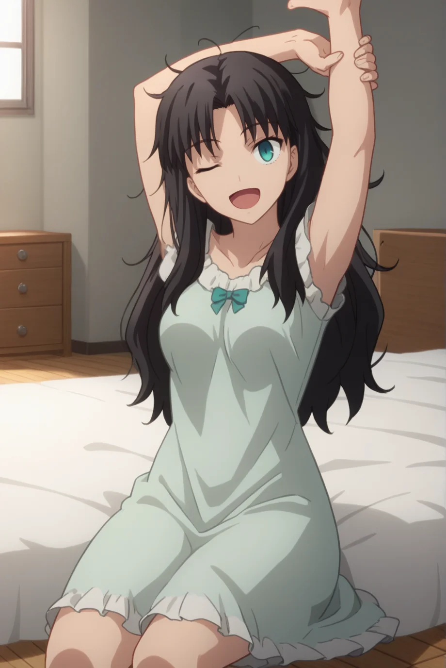 score_9, score_8_up, score_7_up, score_6_up, score_5_up, score_4_up, BREAK source_anime, 1girl,
<lora:TohsakaRinXL-v1-04:0.7>, ChopioTohsakaRin, black hair, long hair, parted bangs, aqua eyes, looking at viewer,
(thick thighs:0.7), medium breasts,
hair down, messy hair,
outfit_3, light green nightgown, ruffles,
bedroom, wooden floor, bed, on bed, sitting, one eye closed, yawning, stretching, grabbing own arm, smile,