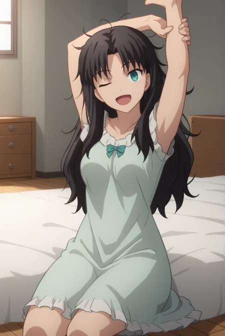 score_9, score_8_up, score_7_up, score_6_up, score_5_up, score_4_up, BREAK source_anime, 1girl,
<lora:TohsakaRinXL-v1-04:0.7>, ChopioTohsakaRin, black hair, long hair, parted bangs, aqua eyes, looking at viewer,
(thick thighs:0.7), medium breasts,
hair down, messy hair, 
outfit_3, light green nightgown, ruffles, 
bedroom, wooden floor, bed, on bed, sitting, one eye closed, yawning, stretching,  grabbing own arm, smile,