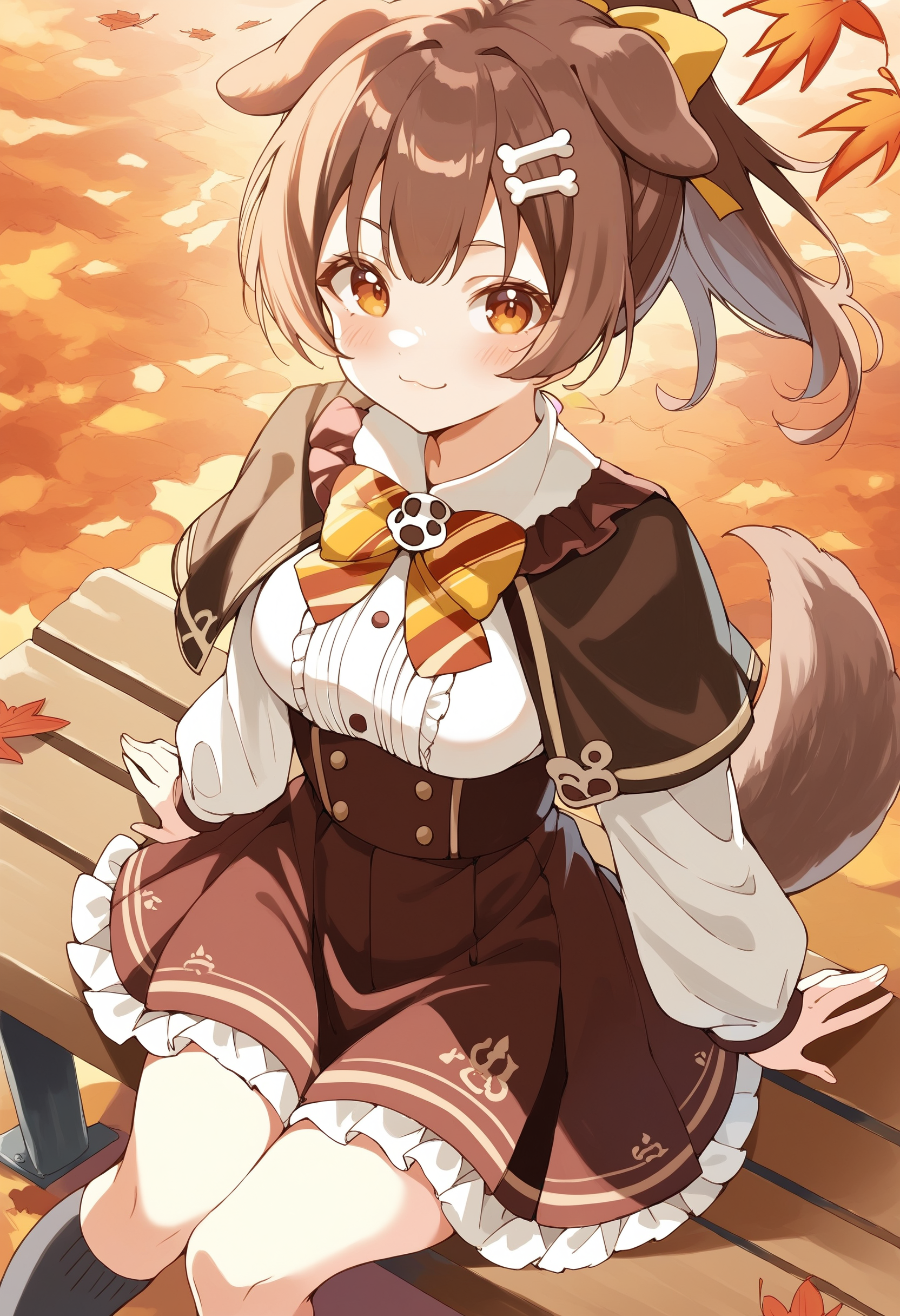 score_9, score_8_up, score_7_up, score_6_up, source anime,
inugami korone, inugami korone street, 1girl, solo, dog girl, dog ears, bone hair ornament, hair ornament, skirt, sitting, looking at viewer, socks, dog tail, autumn leaves, :3, shirt, smile, bow, frills, bowtie, capelet, black socks, leaf, white shirt, yellow bowtie, yellow bow, blush, official alternate costume, kneehighs, brown skirt, medium breasts, ponytail, closed mouth, hair ribbon, frilled skirt, autumn, high-waist skirt, from above, bench, long sleeves, brown capelet, ribbon
<lora:inugami_korone_v21:1>