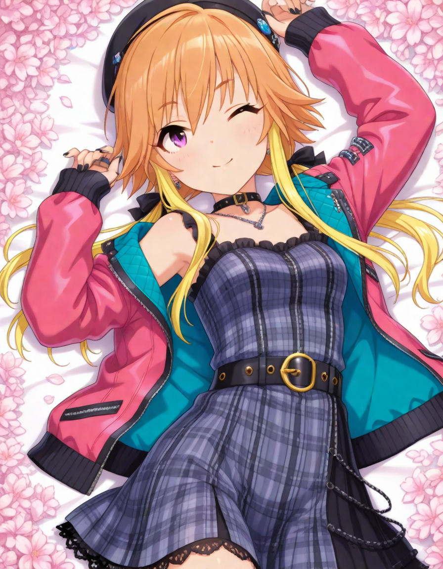 masterpiece,best quality,absurdres,official art,official style,source_anime,anime screencap,anime coloring,
<lora:Hyper-SDXL-8steps-lora:1>,
<lora:Asuka_IL:1>,asukachang,1girl, solo,purple eyes, light brown hair, multicolored hair,(yellow hair:1.3),(yellow wavy hair:1.3), two-tone hair,,low twintails, ribbon,
pink jacket, (light green lining in jacket:1.1),lace-trimmed dress,one eye closed,black nails, nail polish,  choker,purple  plaid dress, belt, black headwear, sleeveless dress, open jacket,jewelry,collarbone,  ring,  ;), black choker, off shoulder, hair bow,  long sleeves, beret, arm up, clothes writing, mini hat, zipper, cowboy shot, earrings,  collar, hair ribbon,smile,lying, pink floral background,