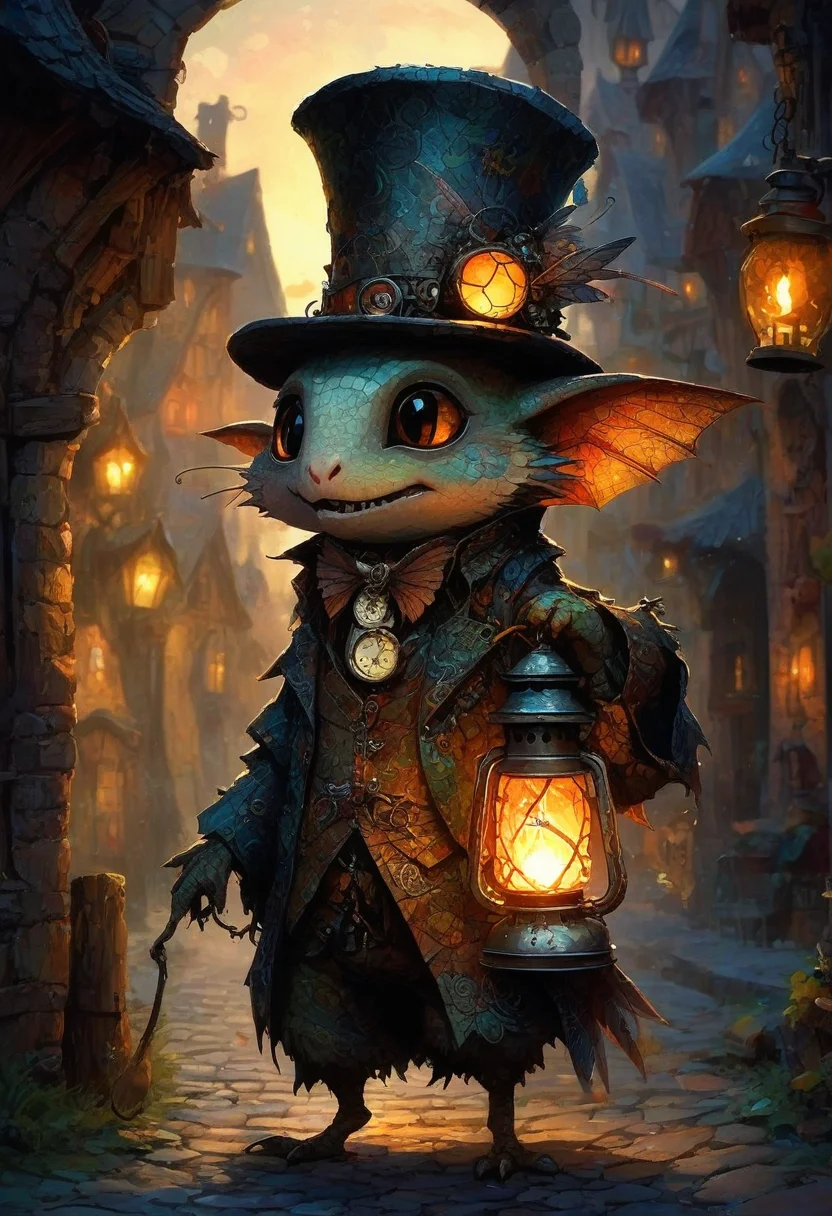 CreepyCuteMagical, A tiny imp with a potbelly and dragonfly wings, wearing a ragged top hat and holding a glowing lantern. Its skin is a patchwork of scales, fur, and feathers, giving it a strangely endearing, mismatched look. The setting is a cobblestone street in a magical village at dusk, where bright magical shop windows emit rainbow-hued light. The art style evokes a mix of steampunk and whimsical fantasy.
