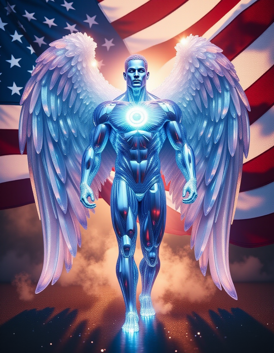 crystal superhero, sprad wings, american flag background, god rays from above, full body shot, crystalz <lora:ral-crystalz:1>