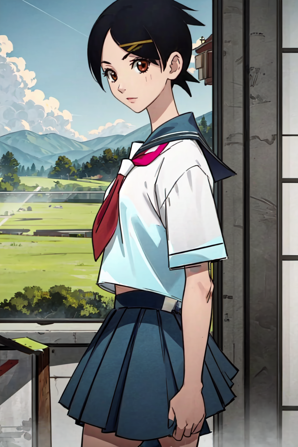 (masterpiece:1.2), ultra detailed, <lora:KafukaFuura:0.85>, KafukaFuura,  school uniform, blue skirt, short sleeves, close,((plains)), countryside, beautiful sunlight, best quality, looking at the viewer