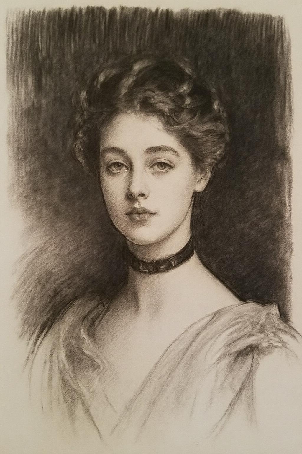 johnss1 charcoal drawing. 
charcoal portrait of an elegant young woman from the early 20th century. She has a poised expression, her hair styled in an elaborate updo, and she wears a delicate choker necklace along with a flowing, softly draped gown. The background is shaded, textured and sketchy, creating a striking contrast that highlights her refined features.
 <lora:johnss1_cap_d6a3e12:1.0><lora:824330801366868670:0>