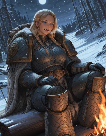 masterpiece, best quality,high quality, newest, highres,8K,HDR,absurdres, dynamic angle, realistic, 1girl, iLLemanR40K, solo, power armor, fangs, long hair, braids, necklace, sitting, viking, pelts, campfire, sitting, at night, snow, dutch angle, close up, <lora:iLLemanR40K:1>
