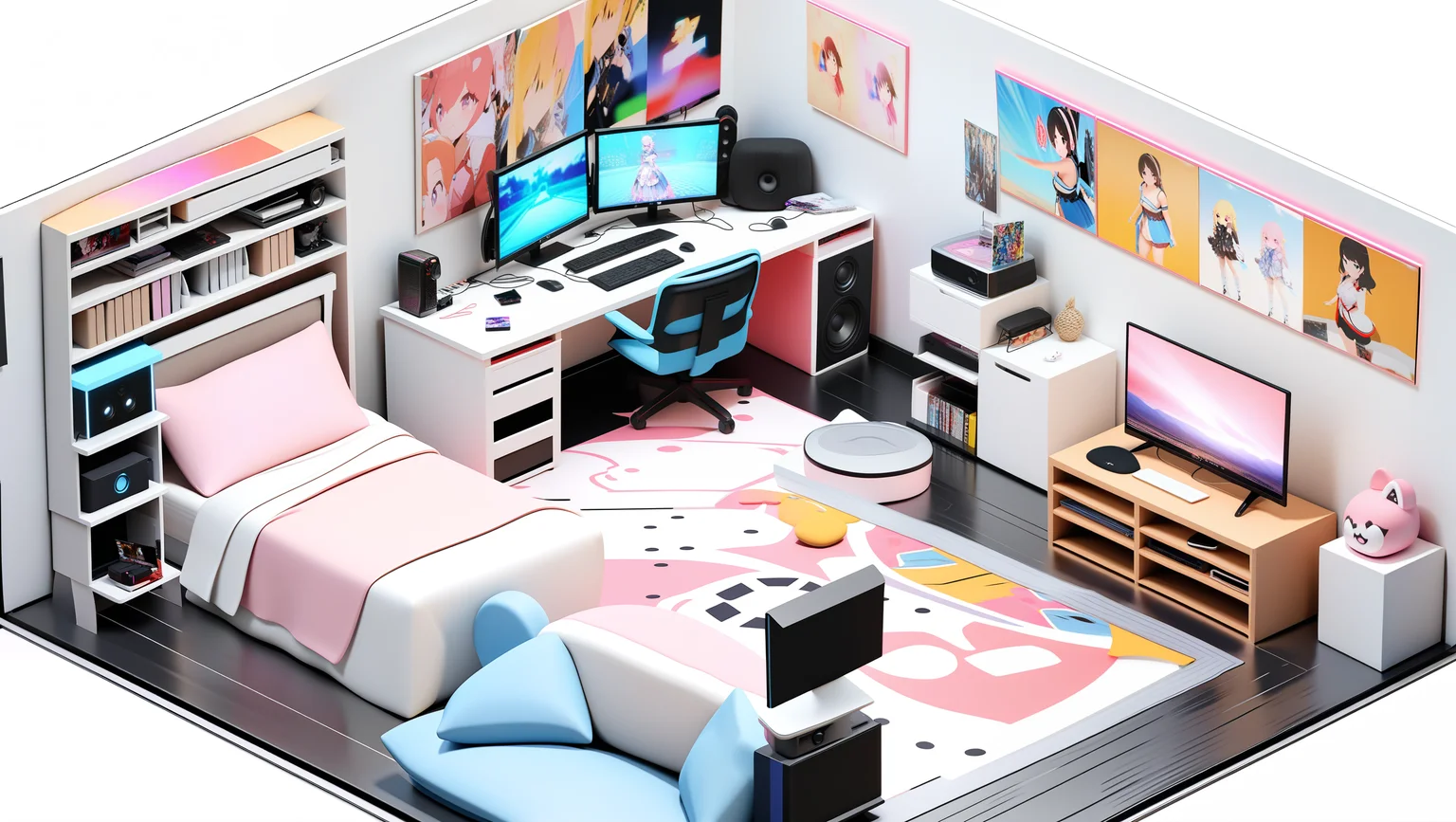 masterpiece, best quality, <lora:gamebg:0.5>,3d,white background,room-style,
posters, bishoujo figurines, glass display cabinet, manga shelves, gaming console, plush toys, anime DVDs, computer desk, dual monitors, gaming chair, wall scrolls, LED strip lights, cosplay costumes, anime-themed bedding, bookshelf, collectible cards, model kits, framed art prints, decorative pillows, anime-themed rugs, headphones, drawing tablet, sound system, action figures