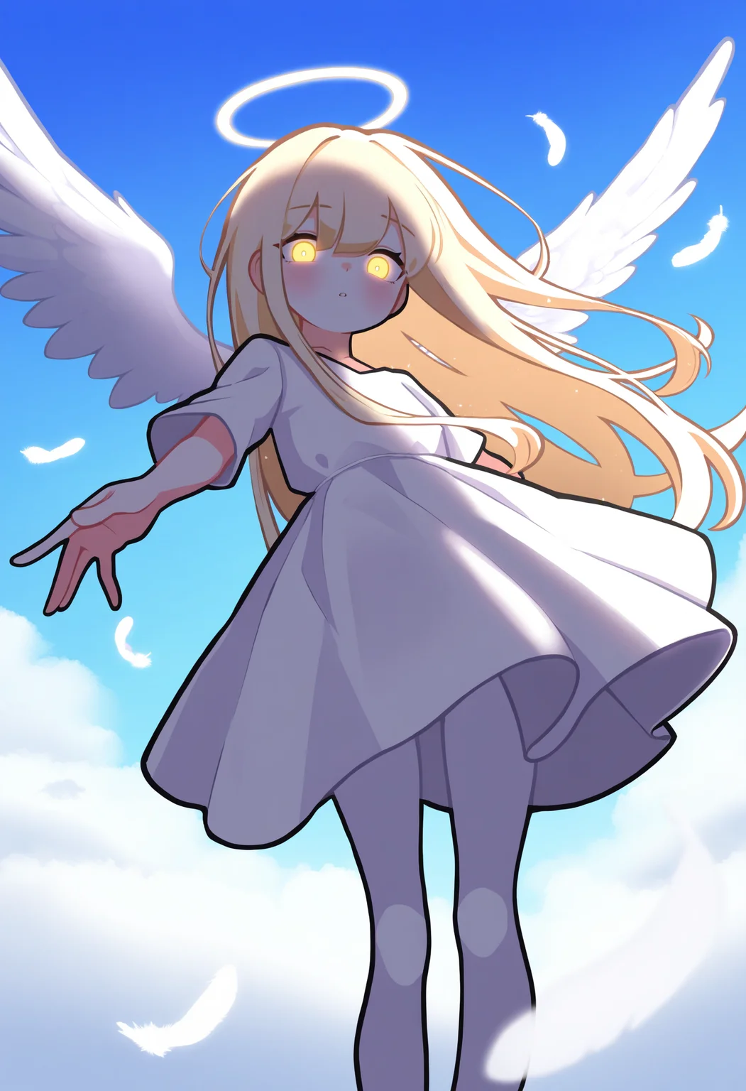 best quality, amazing quality, very aesthetic, absurdres, BREAK
1girl, long hair, blonde hair, white theme, angel wings, white dress, feathers, sky, detailed background, white background, halo, white pantyhose, spread wings, outstretched, blue sky, cloud,
looking at viewer, yellow eyes, glowing eyes, <lora:ShoeguyNoob_byKonan:1>