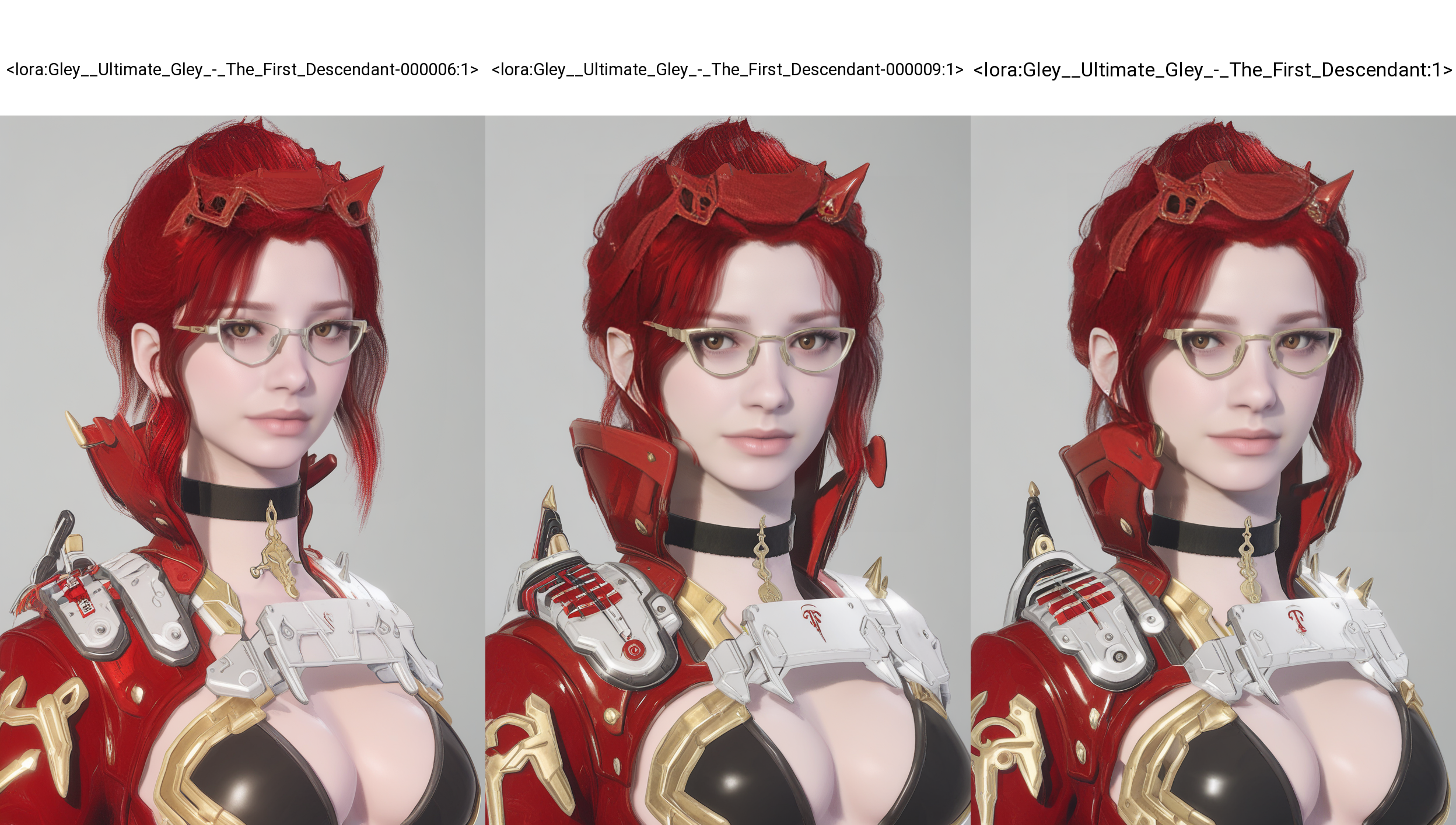 1girl, solo, glasses, breasts, red hair, looking at viewer, choker, medium breasts, white background, black choker, simple background, upper body, realistic, brown eyes, lips
<lora:Gley__Ultimate_Gley_-_The_First_Descendant-000006:1>
