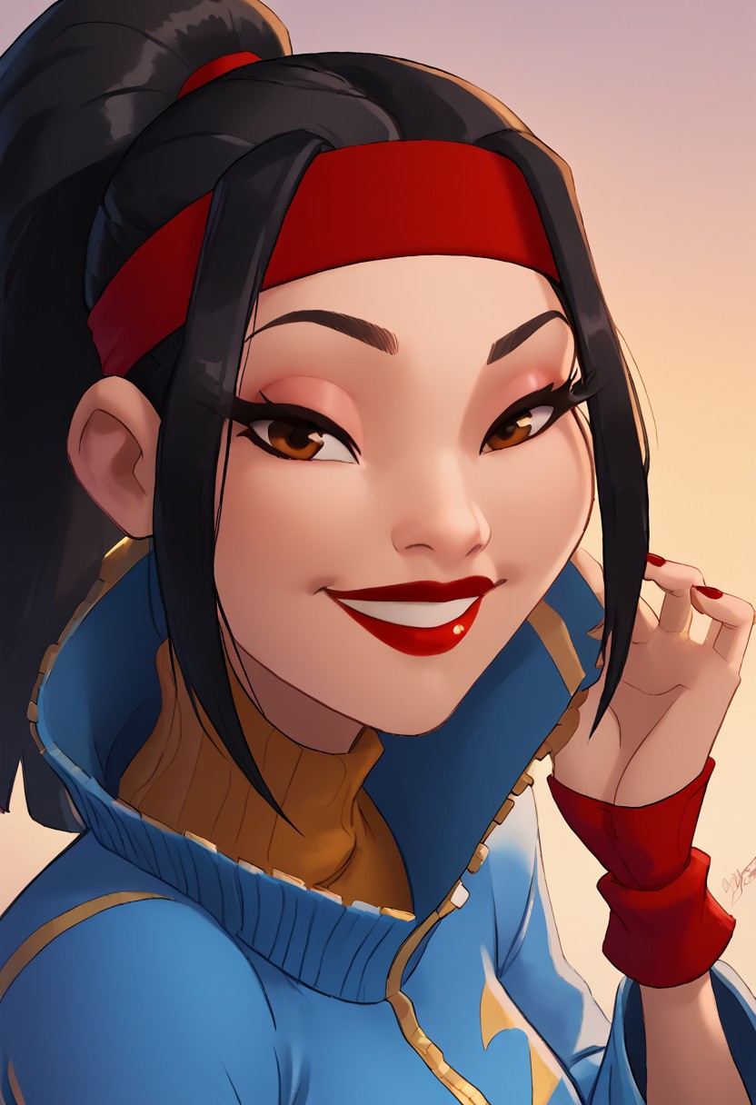 score_9, score_8_up, score_7_up, ultra quality, solo, 1girl, chang'e_tt, 1girl, asian, high ponytail (black hair, red headband), big eyelashes, brown eyes, makeup, red eyeshadow, red lipstick, red nails, red wristbands, blue track jacket (turtleneck, wide sleeves), light blue spandex, smug smile, big hips, big butt, bubble butt, breasts, narrow waist, curvy, score_9, score_8_up, score_7_up, score_6_up, looking at the viewer, standing, close up, face focus, aeolus06