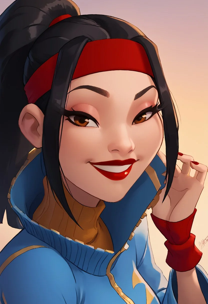 score_9, score_8_up, score_7_up, ultra quality, solo, 1girl, chang'e_tt, 1girl, asian, high ponytail (black hair, red headband), big eyelashes, brown eyes, makeup, red eyeshadow, red lipstick, red nails, red wristbands, blue track jacket (turtleneck, wide sleeves), light blue spandex, smug smile, big hips, big butt, bubble butt, breasts, narrow waist, curvy, score_9, score_8_up, score_7_up, score_6_up, looking at the viewer, standing, close up, face focus, aeolus06