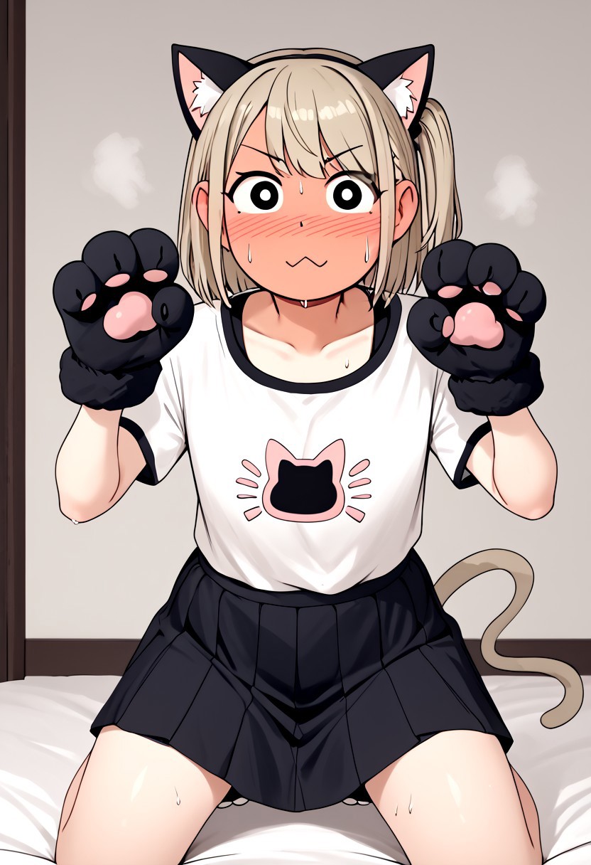 score_4,score_5,score_6,score_7_up,score_8_up,score_9 ((masterpiece,best quality,ultra detailed,highres,HD,4k:1.2)), 
1girl,solo,
Cat ears, cat cosplay, cat tail, one side up, kneeling, paw pose,skirt,shirt,Animal gloves,
full face blush, embarrassed, sweat, looking at viewer,
 flat color, deformed, deformed characters, round face,