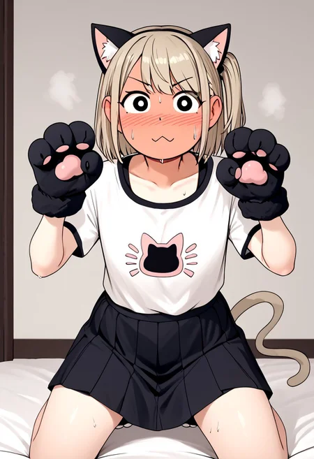 score_4,score_5,score_6,score_7_up,score_8_up,score_9 ((masterpiece,best quality,ultra detailed,highres,HD,4k:1.2)), 
1girl,solo,
Cat ears, cat cosplay, cat tail, one side up, kneeling, paw pose,skirt,shirt,Animal gloves,
full face blush, embarrassed, sweat, looking at viewer,
 flat color, deformed, deformed characters, round face,