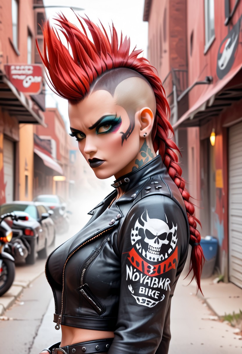 NovaBiker, 1girl, Mohawk, makeup, biker, leather