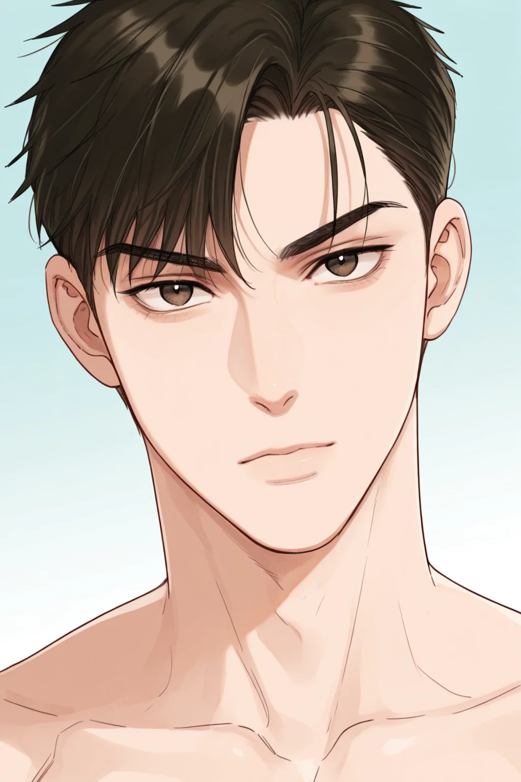 <lora:STS-IL:0.9>,buchonghua, brown hair,brown eyes,short hair,portrait,looking at viewer,collarbone,1boy,solo, yaoi,bara,male focus,very awa,masterpiece,best quality,amazing quality,nsfw,uncersored,highres,best quality,amazing quality,best aesthetic,absurdres,