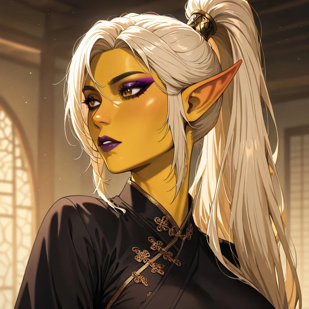 masterpiece, best quality, newest, absurdres, highres, MFMOV1.0, mature female,
1girl, asian, asian female, elf, elf girl, pointy ears, long hair, yellow skin, blonde hair, golden colored skin, ponytail long ponytail, high taied ponytail, makeup, mascara, brown eyes, golden eyes