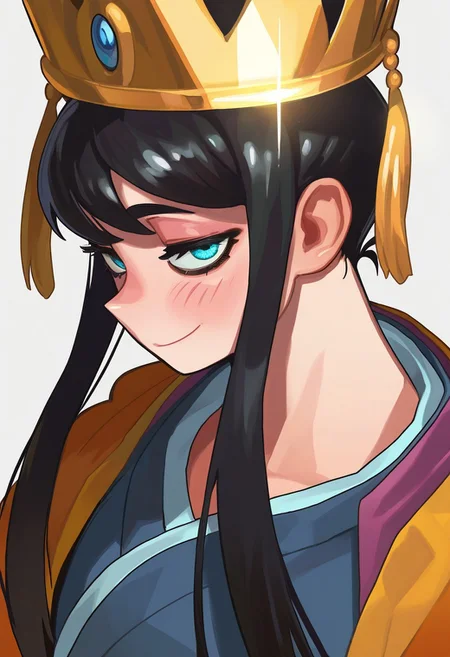 COLIG_ST, masterpiece, best quality, very aesthetic, high resolution, ultra-detailed, absurdres, newest, extremely detailed eyes, beautiful, perfect lighting, hi res, amazing quality, very awa, Brightly Lit, Highly Visible, 8k, sharp focus, beautiful, perfect lighting, volumetric lighting, scenery, painting_(artwork), 1girl, black hair, white background, smile, looking at viewer, simple background, japanese clothes, glint, bangs, long hair, upper body, kimono, sidelocks, crown