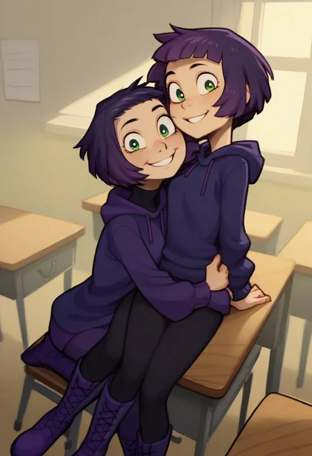 score_9, score_8_up, score_7_up, score_6_up, score_5_up, score_4_up, 2 girls in image, sitting on desks, smiling, looking at viewer, arms around each other, friends,
BREAK,
1 girl, square head, green eyes, squinch, round eyes, long hair, dark blue hair, dark blue dress sweater, black leggings, small black boots,
BREAK
1 girl, short hair, purple hair, long eyelashes, purple hoodie, purple skirt, purple shoes, , hood up