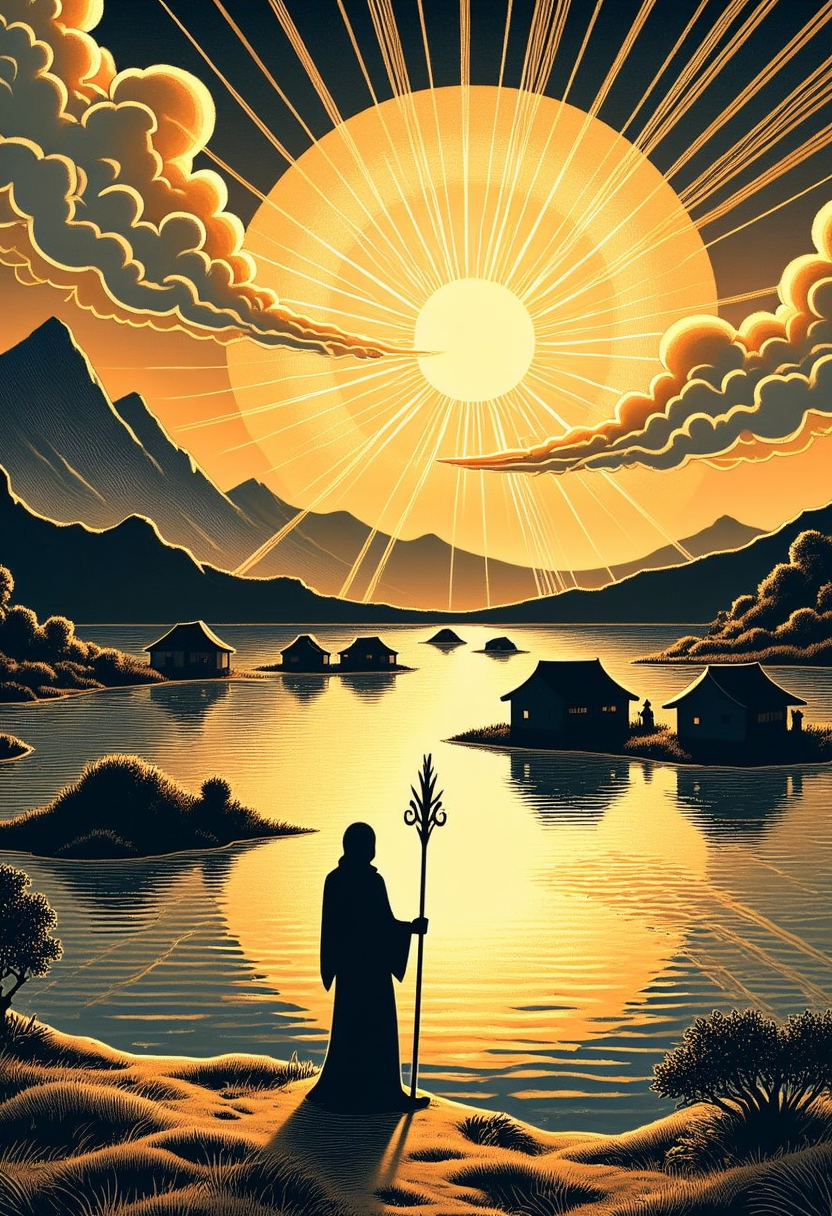 UkiyoFusion. A silhouetted figure stands at the edge of a serene, reflective desert oasis under a glowing golden sun. The person holds a staff and faces towards scattered wooden huts that appear to float on the waterâs surface. Jagged mountains rise in the distance, and the dramatic sky is filled with swirling clouds and radiant light, creating an otherworldly, mystical atmosphere.