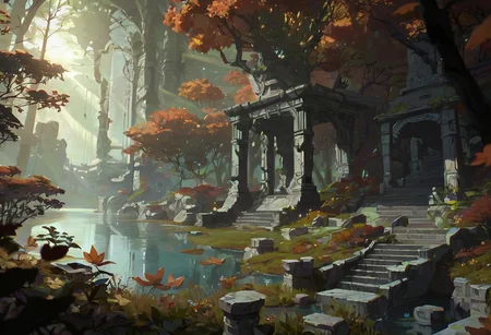 score_9, score_8_up, score_7_up, score_6_up, arkn, detailed drawing, forest, autumn, flowers, beautiful blue pond, grass, early morning, sun rays, white stone ruins, dynamic light,