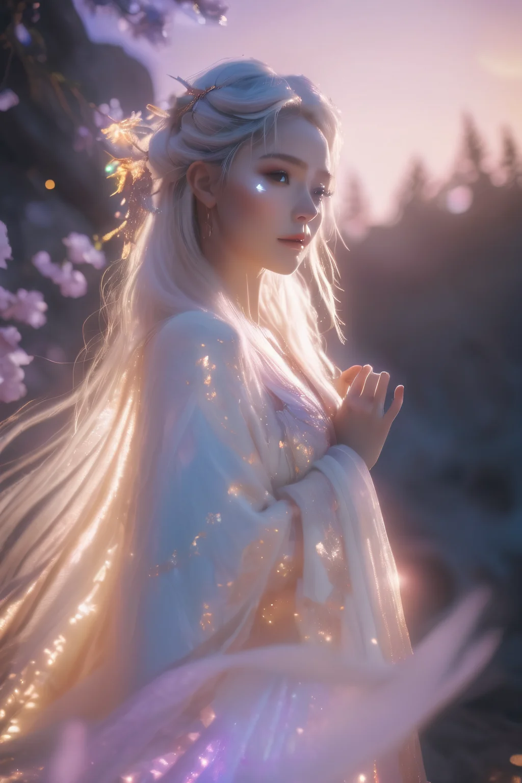 cinematic photo Amidst a realm of enchantment, an ethereal beauty stood. Her radiance outshone the stars, a mesmerizing dance of otherworldly grace. Bathed in a soft, iridescent glow, she emanated an aura of pure celestial allure.rim light . 35mm photograph, film, bokeh, professional, 4k, highly detailed,art by wlop