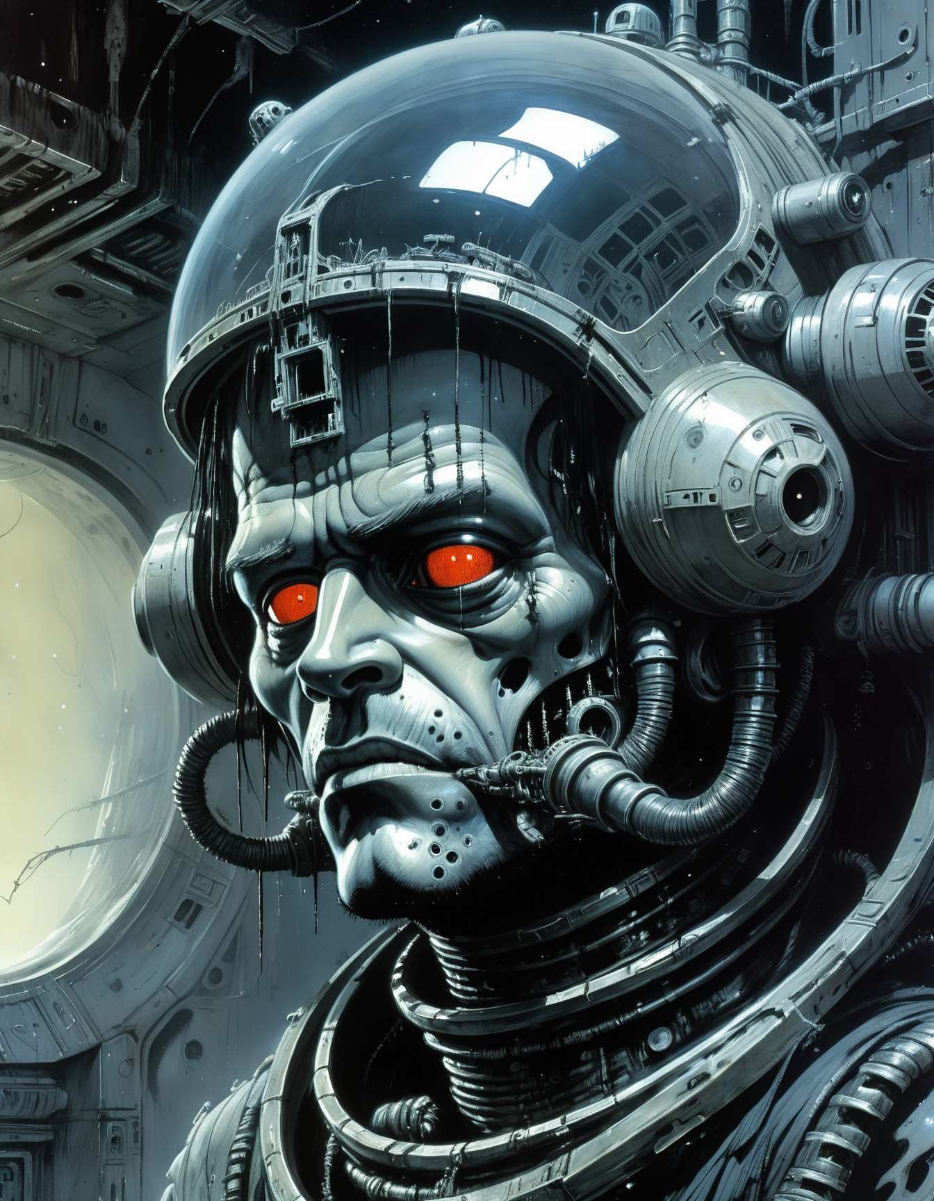 "Close-up, front-facing view of a scavenger, his face reflecting horror, within the chilling confines of a derelict space station. Sharp contrasts, lavishly intricate, drawing from H.R. Giger", surrealism, weird and pissed off, oil on canvas, dry brush, <lora:John Berkey Style:0.9>, John Berkey Style