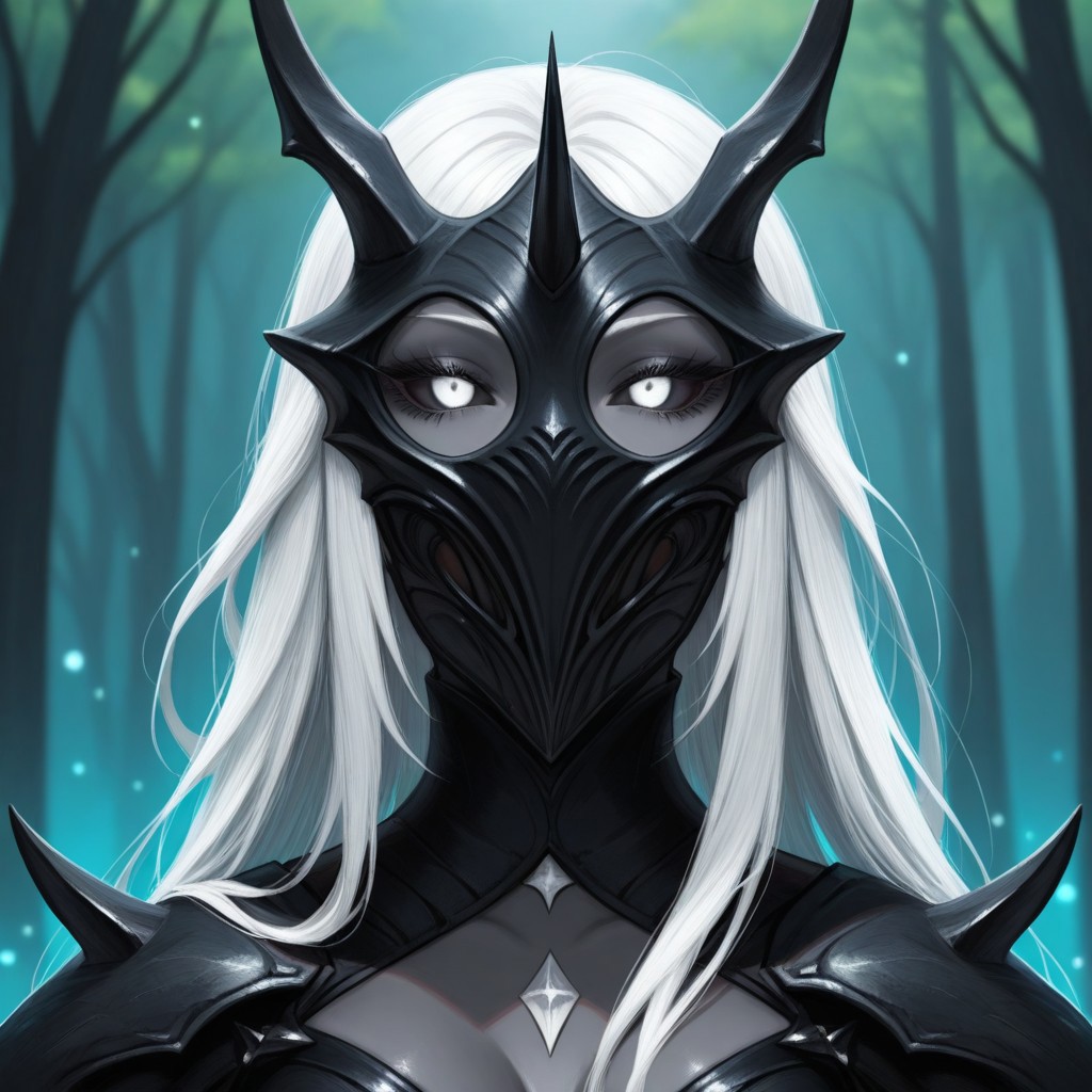 1girl,, Changeling, gray skin, white eyes, white hair, dark eyelids, 1girl, Armor, Outdoor, fantasy background, nature, blurred background,