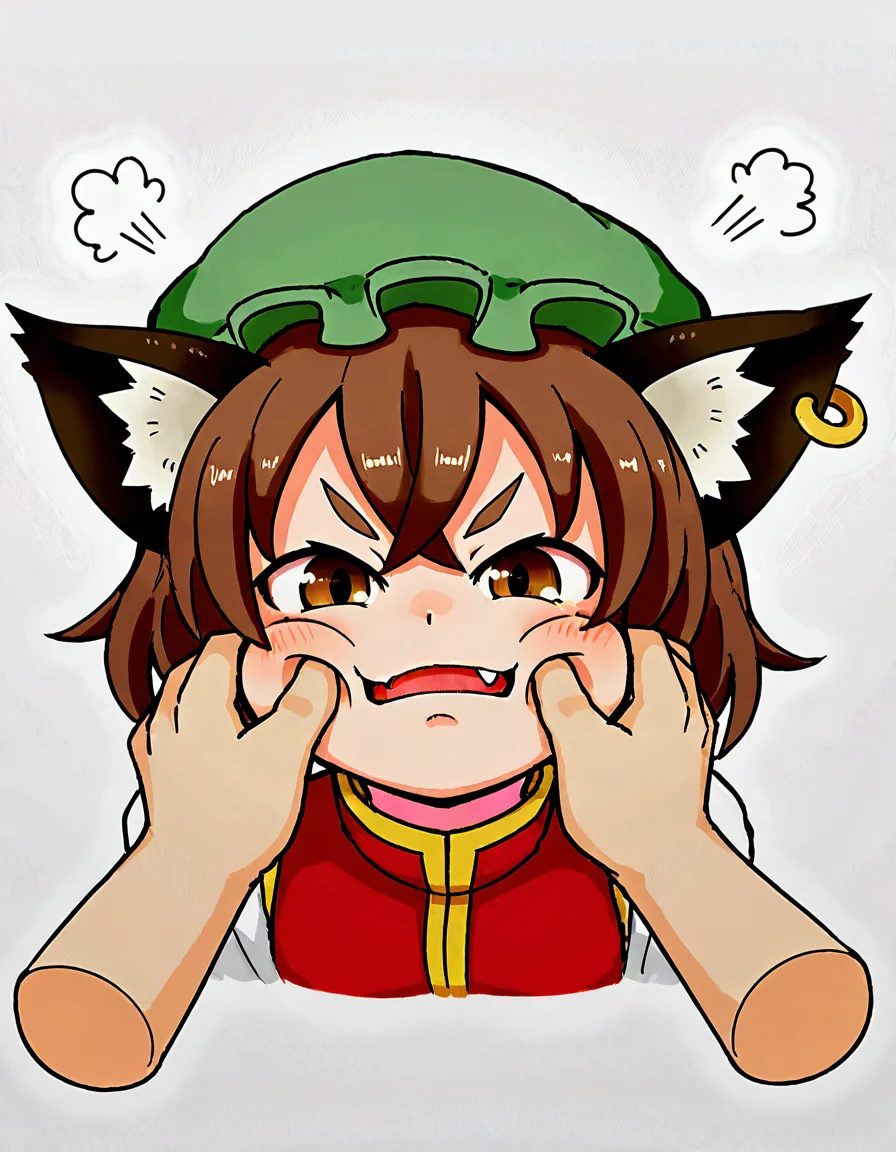 white background, 1girl, solo focus, fang, v-shaped eyebrows, annoyed, puff of air, hands on another's face, cheek pinching, cheek squash, cheek pull, chen <lora:yoshiyuki_14330975:0.7>