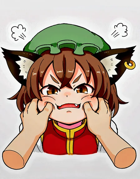 white background, 1girl, solo focus, fang, v-shaped eyebrows, annoyed, puff of air, hands on another's face, cheek pinching, cheek squash, cheek pull, chen <lora:yoshiyuki_14330975:0.7>
