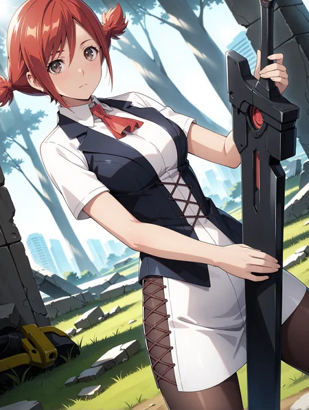 masterpiece,best quality,newest,
1girl,solo,
<lora:t_hibari_ilxl_v1.0:1>,t_h,short twintails,red hair,brown eyes,h_clothes,red ascot,black_pantyhose,white skirt,
<lora:Fixhands_anime_bdsqlsz_V1:1>,(huge weapon,sword,cyberpunk),holding_sword,planted_weapon,spread legs,standing,dutch angle,dynamic_angle,looking_at_viewer,front view,cowboy_shot,fantasy,grassland,trees,sunlight through the trees,rubble_ruins,