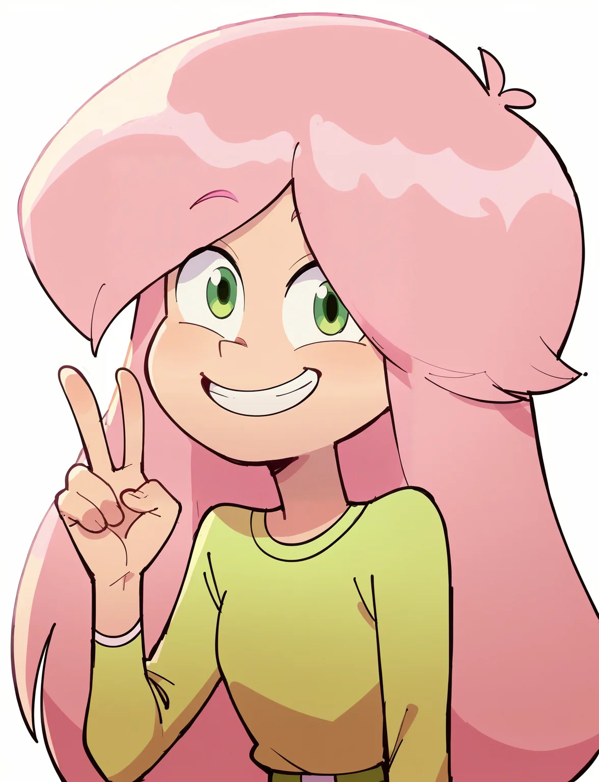 score_9, score_8_up, score_7_up, score_6_up, score_5_up, score_4_up, 1girl, <lora:Ondine_Les_filles_de_dad:1.1> ondine, pink hair, green shirt, green pants, green eyes, smile, looking at viewer, sitting, solo, white background, v, upper body,