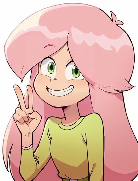 score_9, score_8_up, score_7_up, score_6_up, score_5_up, score_4_up, 1girl, <lora:Ondine_Les_filles_de_dad:1.1> ondine, pink hair, green shirt, green pants, green eyes, smile, looking at viewer, sitting, solo, white background, v, upper body,