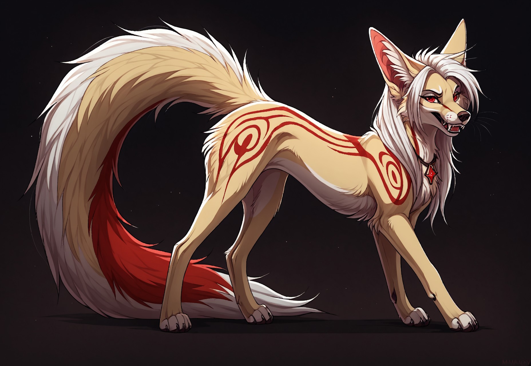 reallynxgirl_style, by Zackary911, by Kenket, by Kilinah, by fluff-kevlar, feral, mommy female black fennec fox, solo, long white hair, red eyes, fangs, full body, one big tail, dark background. dark priest with black and red cloack, full body concept, realism