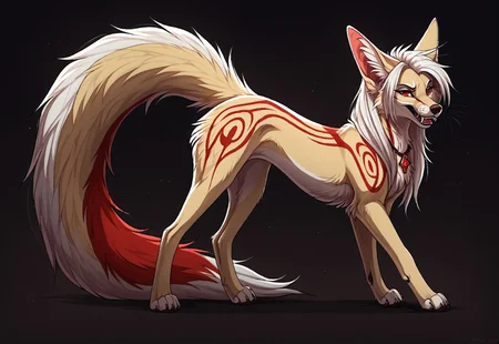 reallynxgirl_style, by Zackary911, by Kenket, by Kilinah, by fluff-kevlar, feral, mommy female black fennec fox, solo, long white hair, red eyes, fangs, full body, one big tail, dark background. dark priest with black and red cloack, full body concept, realism