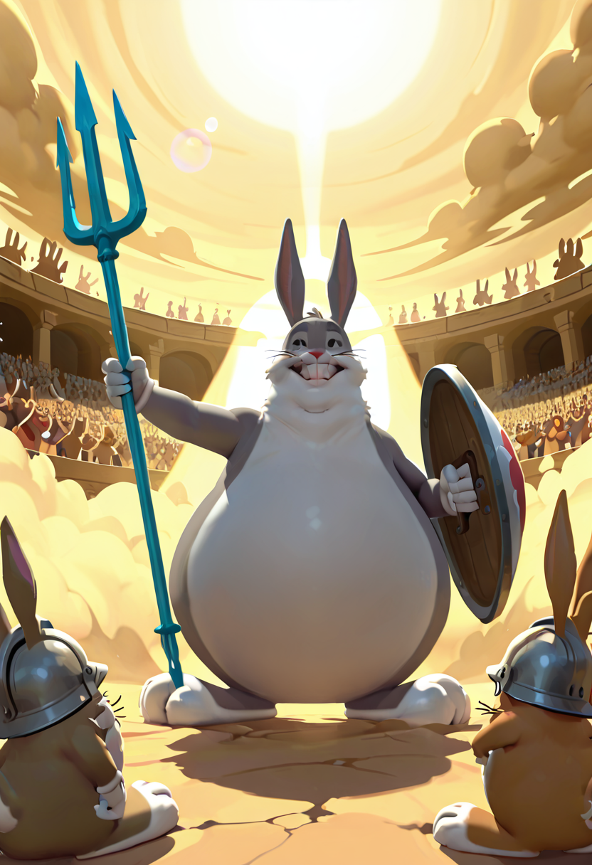 masterpiece, best quality, no humans,   zzBigChungus,    gladiator armor, steel helmet, trident, round shield, arena, sandstorm, cheering crowd, backlight, dynamic pose, intense expression, lens flare â Chungus emerges into the coliseum under a blinding desert sun, the crowd erupting as he slams his trident into the sand. His bronze armor glints through the rising dust, and with a fearless grin, he raises his shield toward the skies, daring fate itself to send the next challenger.  ,<lora:BigChungusIXL:1.0>,