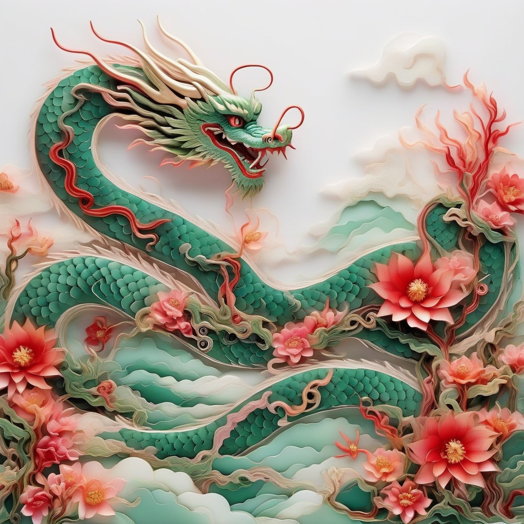 an image of  red and green  chinese dragon ,river,hill, cloud,flowers ,paper quilling art  <lora:20240205_spring_dragon_checkpoint-4000:1.0>