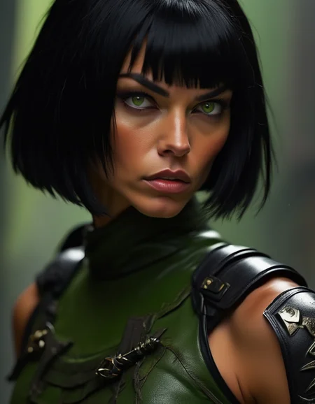 A fierce close-up of a warrior woman with jet-black hair cut in a sharp bob, piercing green eyes staring directly at the viewer, her strong jawline and furrowed brow reflecting determination and intensity. <lora:usual-portrait-v2:1>